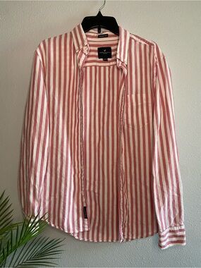 American Eagle Outfitters Women’s Pink and White Stripe Button-Down Shirt